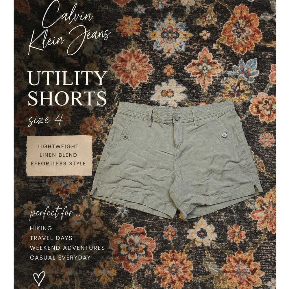 Calvin Klein Jeans Size 4 Light Green Linen Blend Cargo Utility Shorts Safari